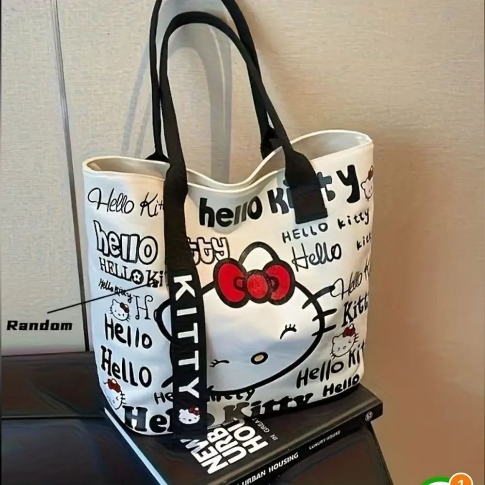 Hello Kitty White Canvas Tote with Black Straps and Red Bow Accent